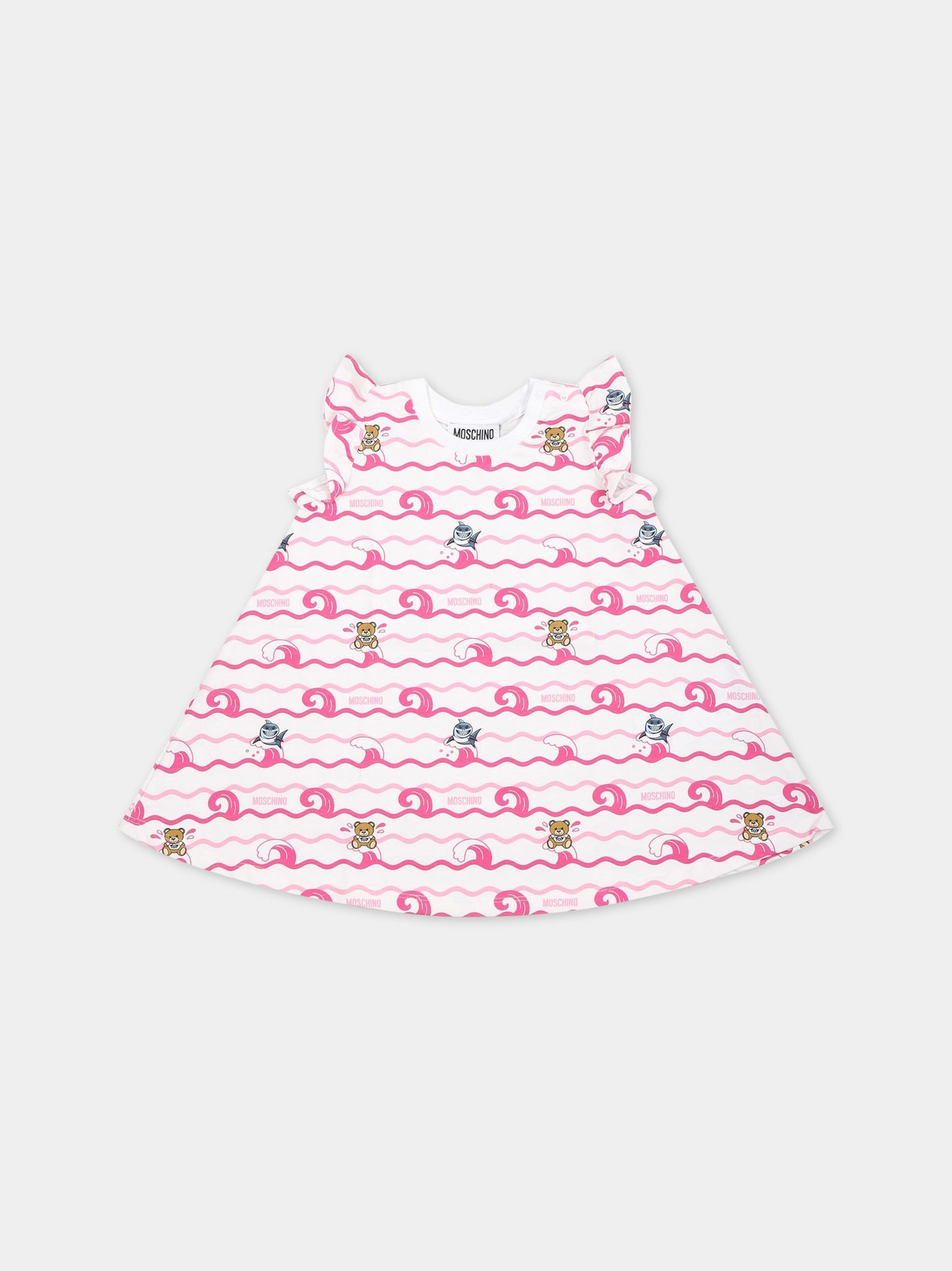 Vestito bianco per neonata con Teddy Bear e logo,Moschino Kids,MDV0AC LBC02 84295