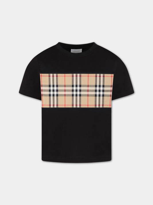 T-shirt nera per bambini con check vintage,Burberry Kids,8064784