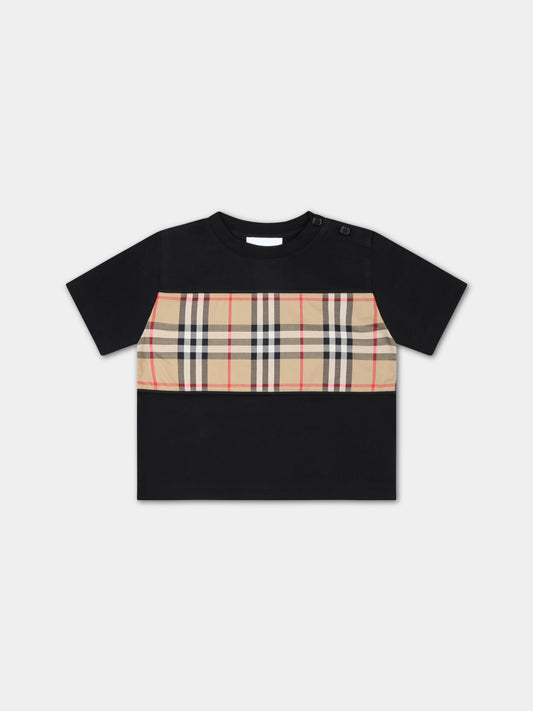 T-shirt nera per neonati con check vintage e logo bianco,Burberry Kids,8064807
