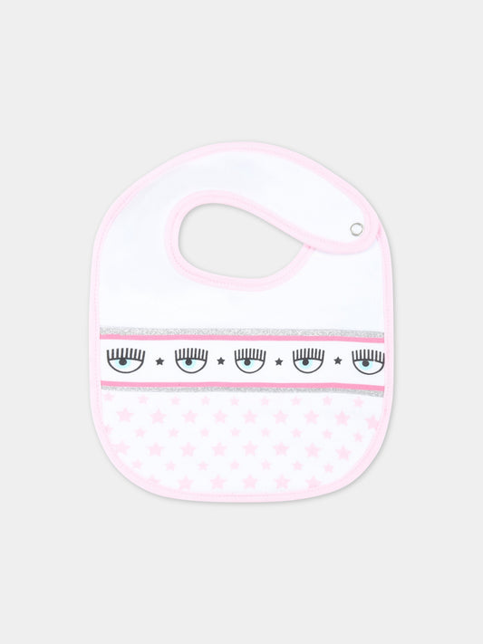 Bavaglino bianco per neonata con stelle rosa e occhiolini,Chiara Ferragni Collection,55A001 1001 9990