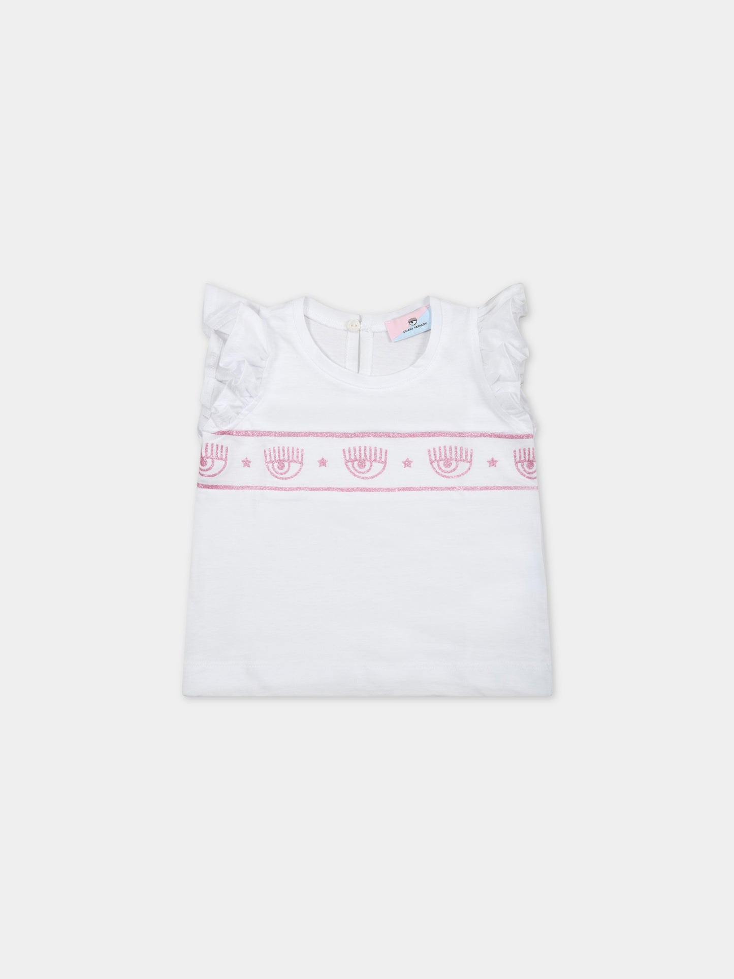 T-shirt bianca per neonata con iconici occhi in lurex,Chiara Ferragni Collection,53A604 1205 9990