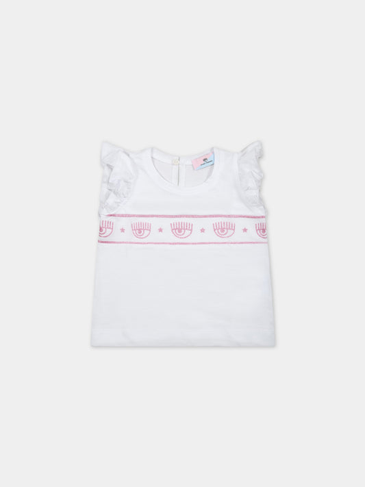 T-shirt bianca per neonata con iconici occhi in lurex,Chiara Ferragni Collection,53A604 1205 9990