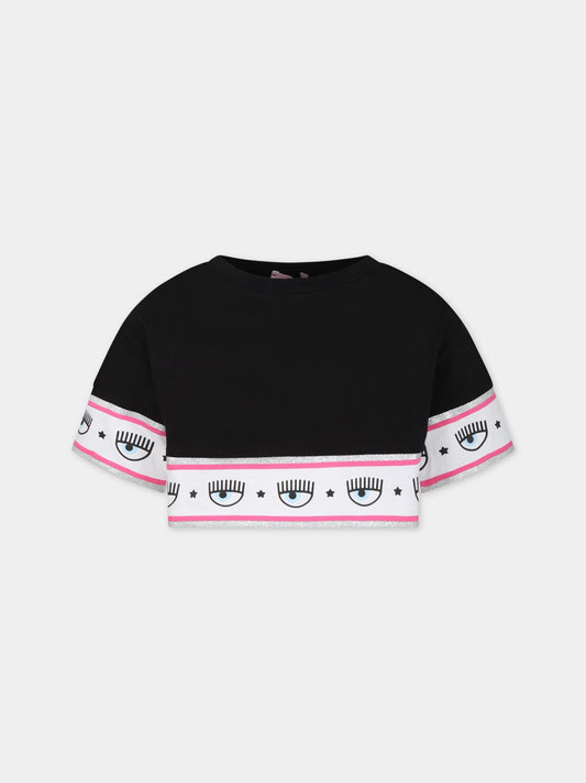 T-shirt nera per bambina con iconici occhiolini e stelle,Chiara Ferragni Collection,51A621 1205 0050