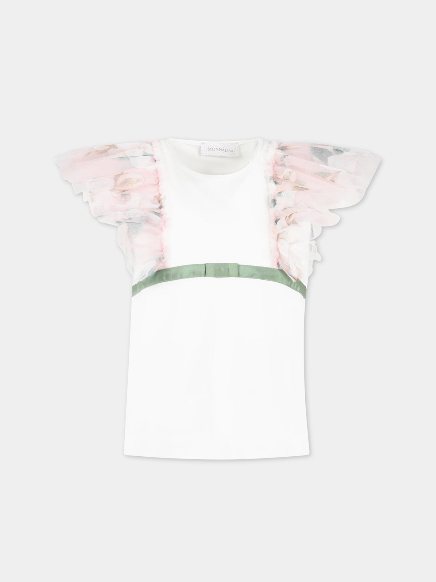 T-shirt bianca per bambina con fiori,Monnalisa,71A603 1201 0001