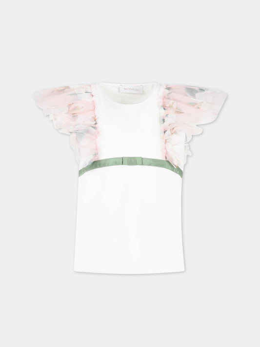 T-shirt bianca per bambina con fiori,Monnalisa,71A603 1201 0001