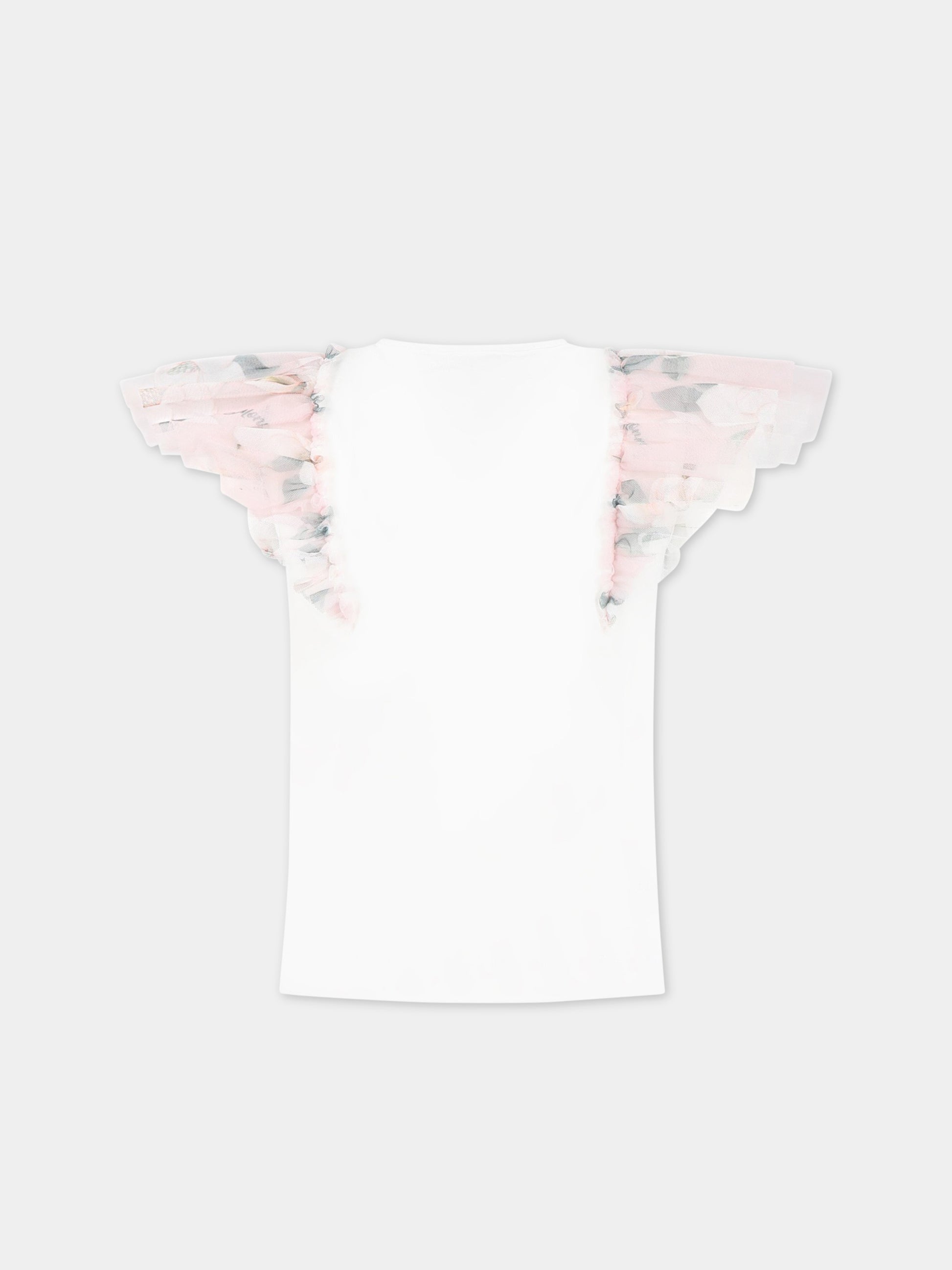 T-shirt bianca per bambina con fiori,Monnalisa,71A603 1201 0001
