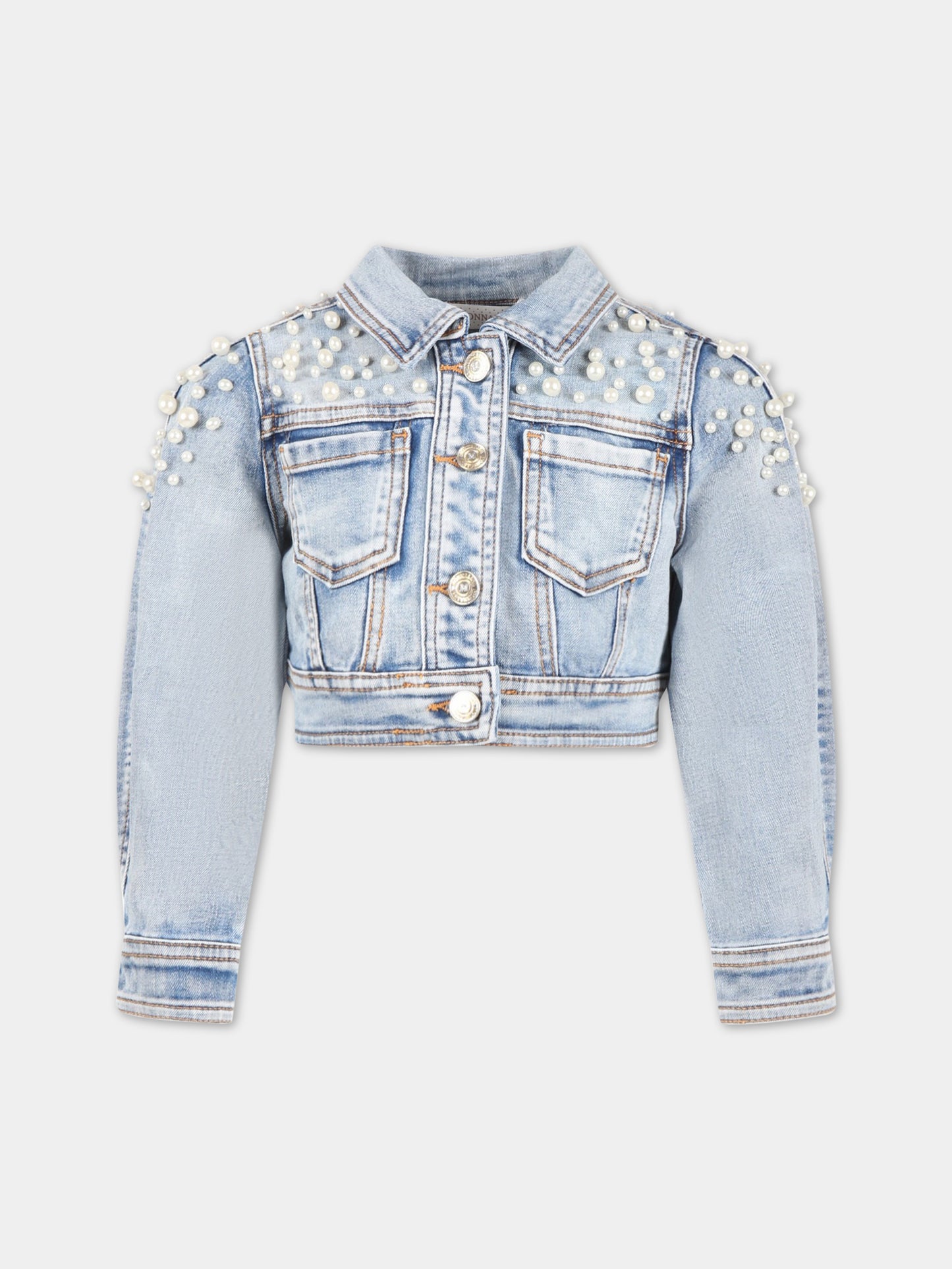 Giacca celeste per bambina con perle,Monnalisa,79A100 1051 0057