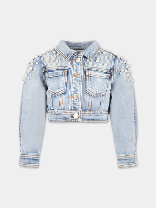Giacca celeste per bambina con perle,Monnalisa,79A100 1051 0057