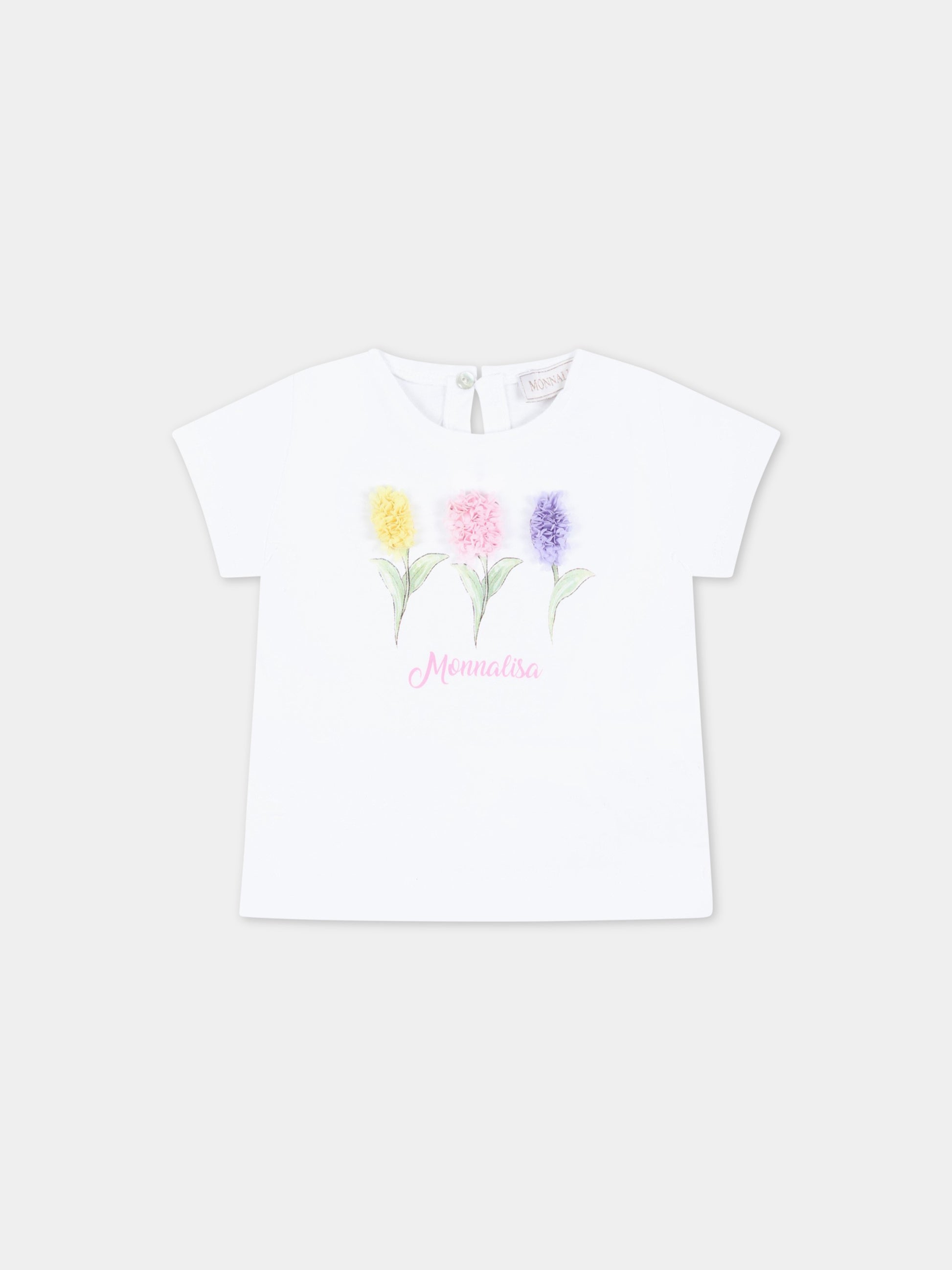 T-shirt bianca per neonata con fiori e logo,Monnalisa,39A602 1004 0099
