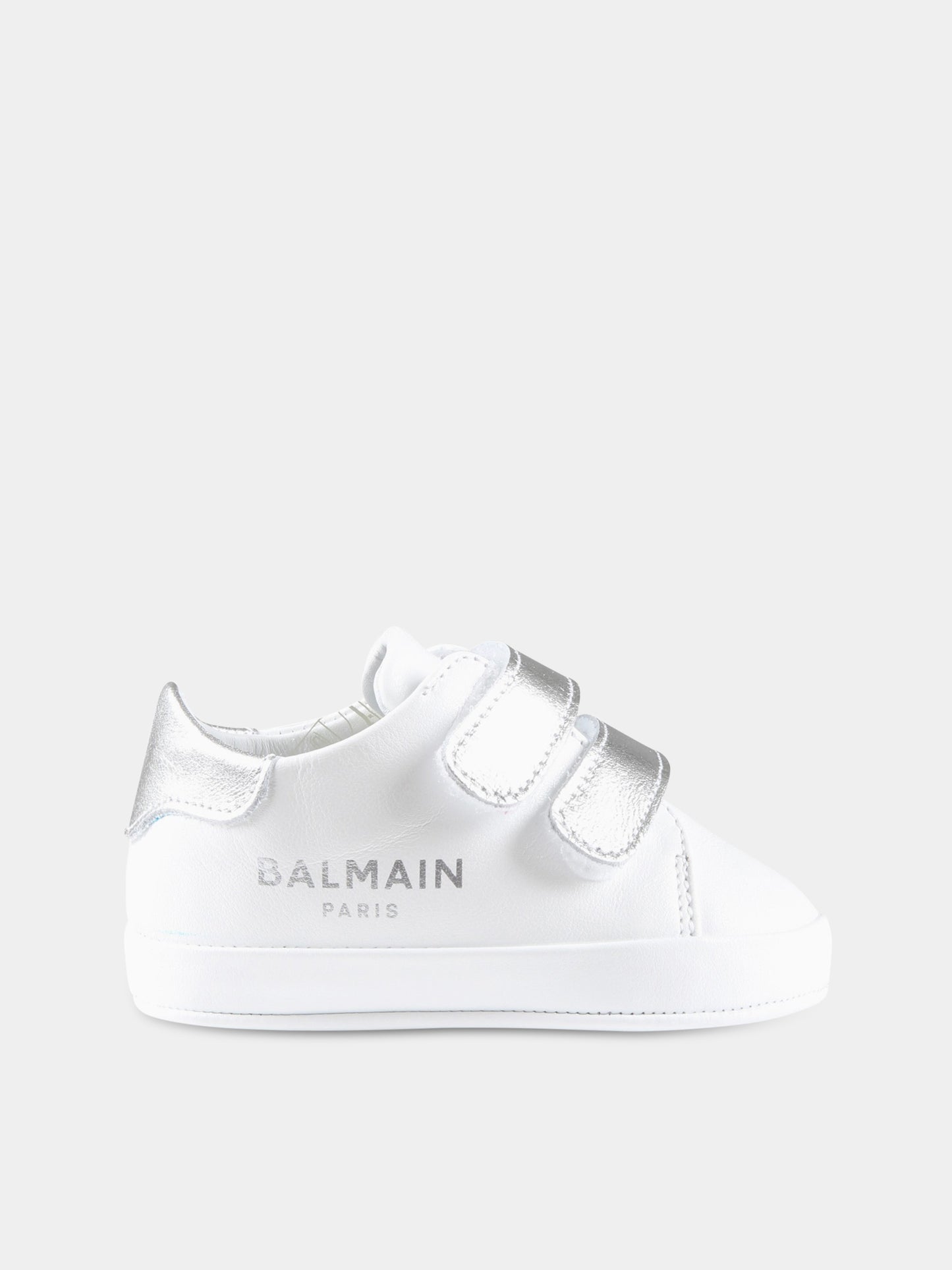 Sneakers bianche da culla per neonato con logo argentato,Balmain Kids,BS0586 Y0051 100AG
