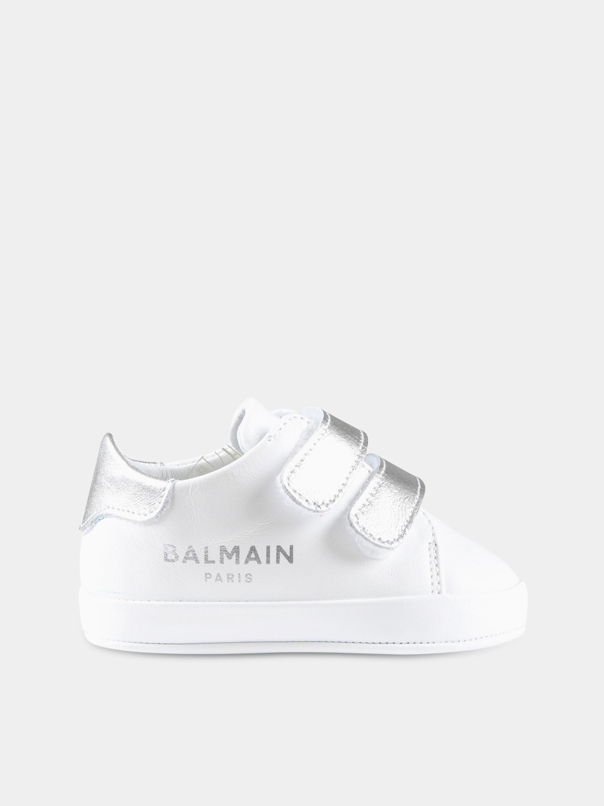 Sneakers bianche da culla per neonato con logo argentato,Balmain Kids,BS0586 Y0051 100AG