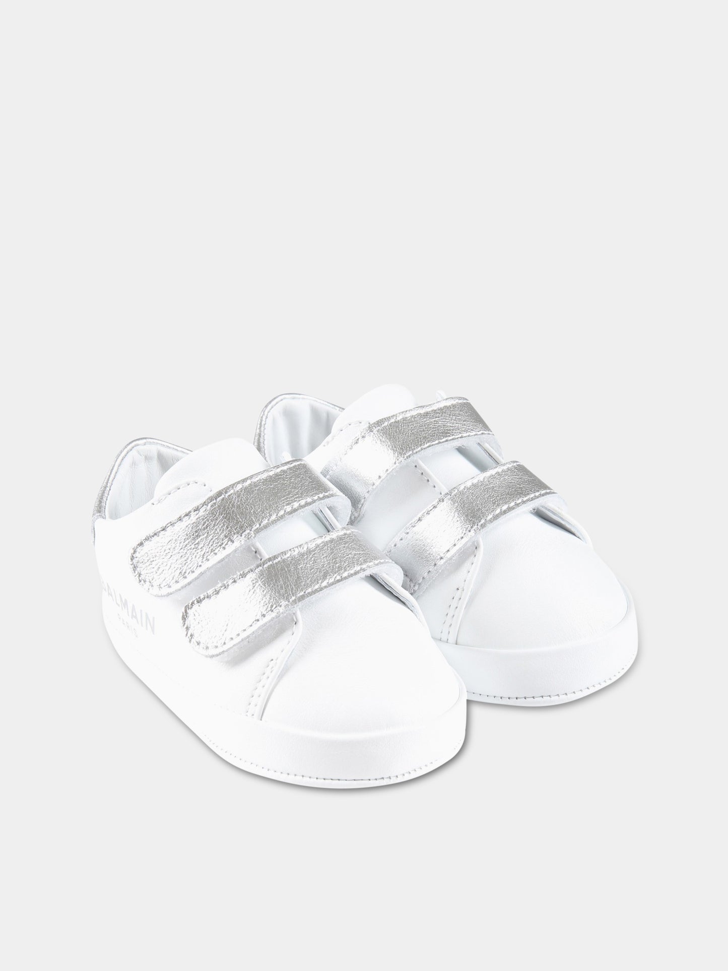 Sneakers bianche da culla per neonato con logo argentato,Balmain Kids,BS0586 Y0051 100AG