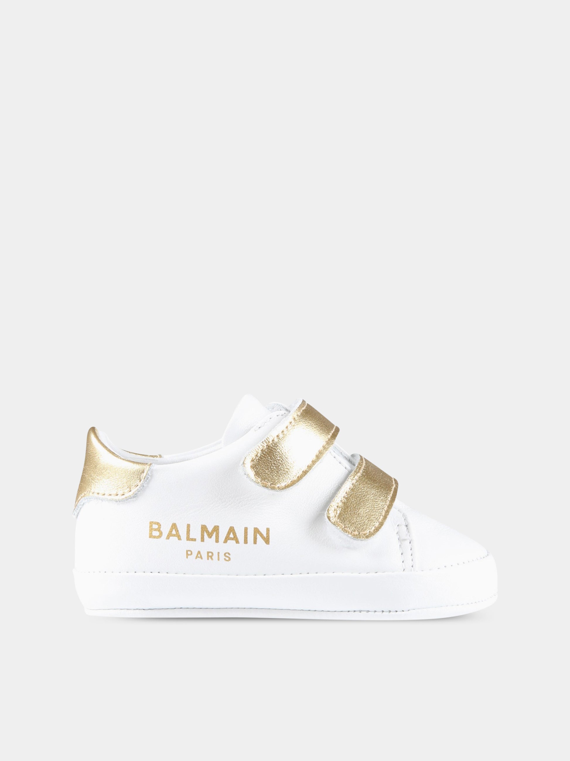 Sneakers bianche da culla per neonato con logo dorato,Balmain Kids,BS0586 Y0051 100OR