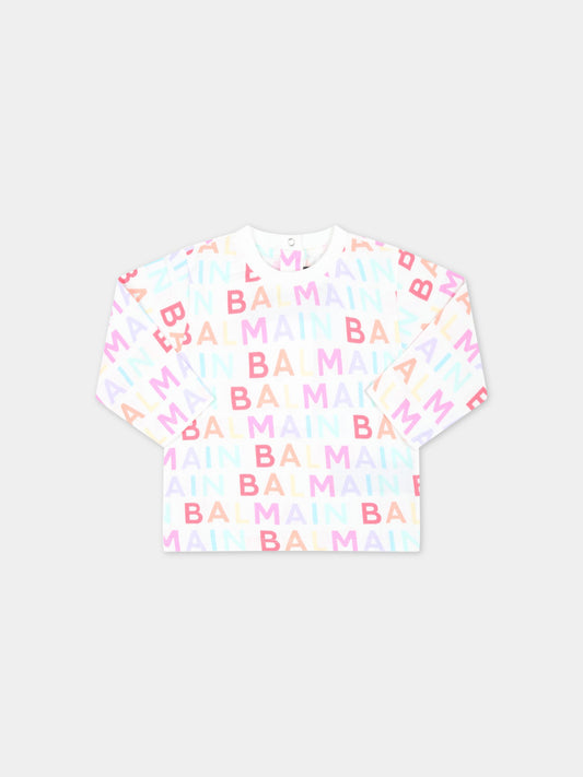 T-shirt bianca per neonata con logo multicolor,Balmain Kids,BS8520 Z0057 999