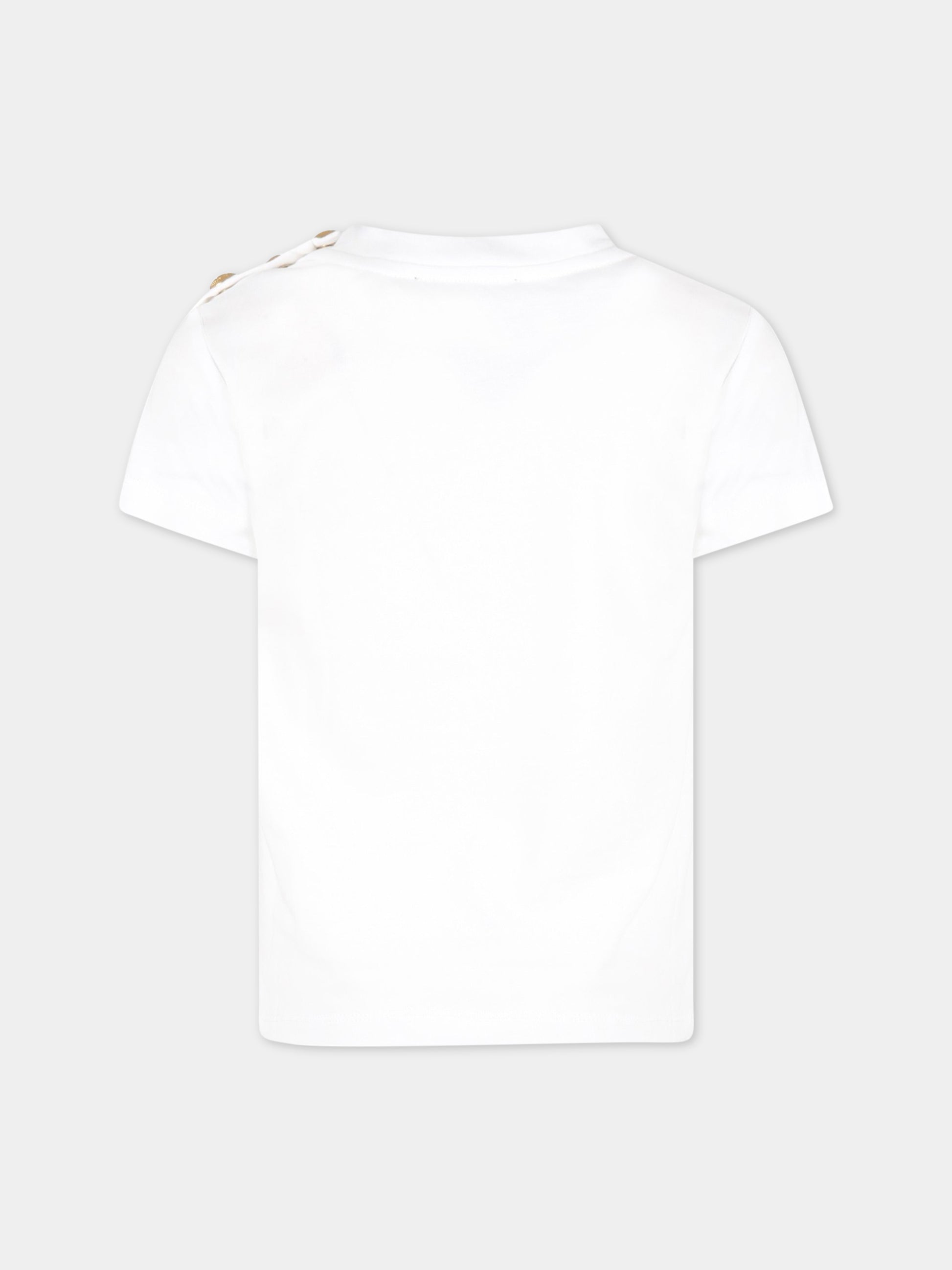 T-shirt bianca per bambino con logo nero e iconici bottoni,Balmain Kids,BS8P21 Z0057 100OR