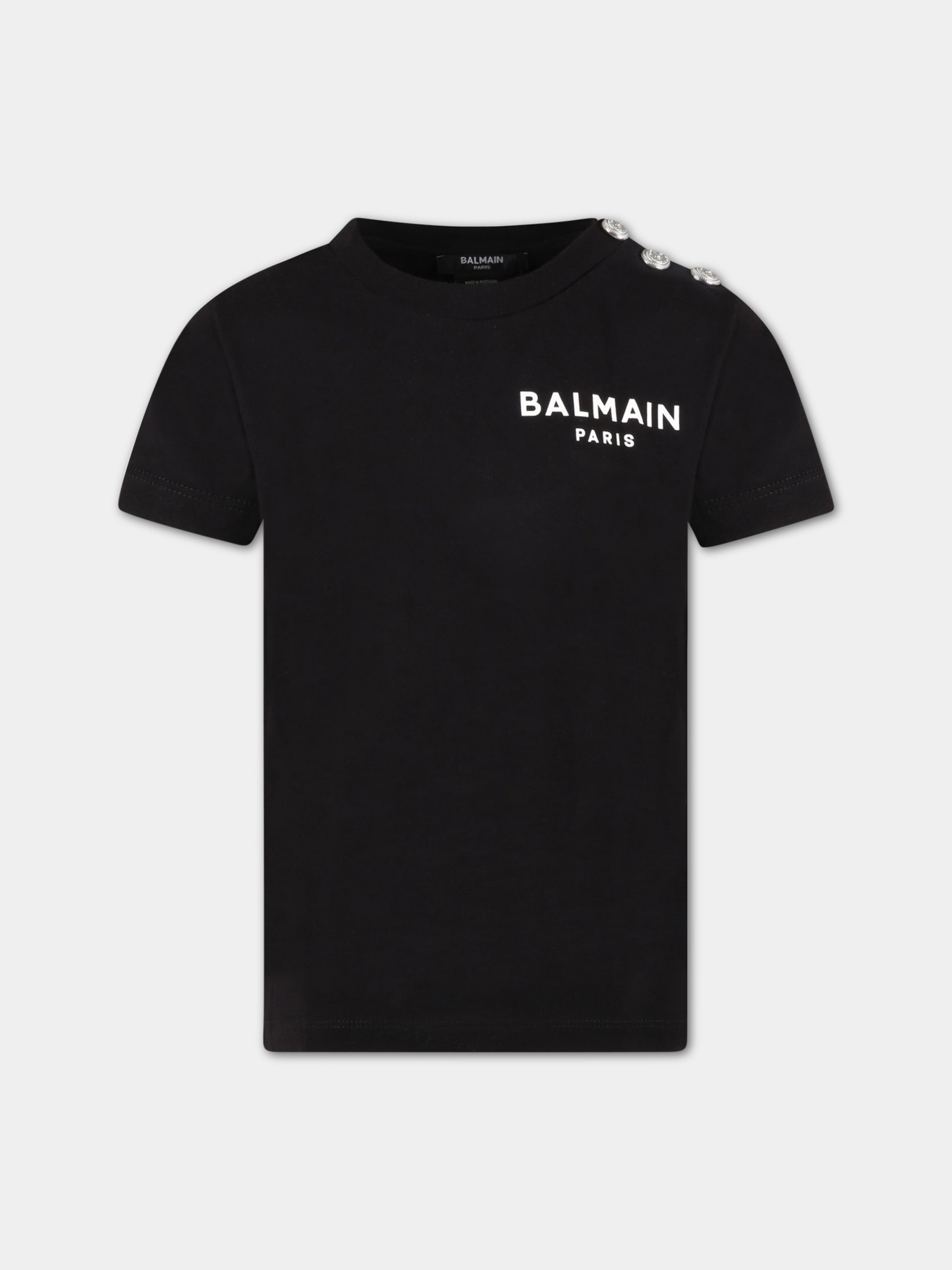 T-shirt nera per bambino con logo bianco e iconici bottoni,Balmain Kids,BS8P21 Z0057 930AG