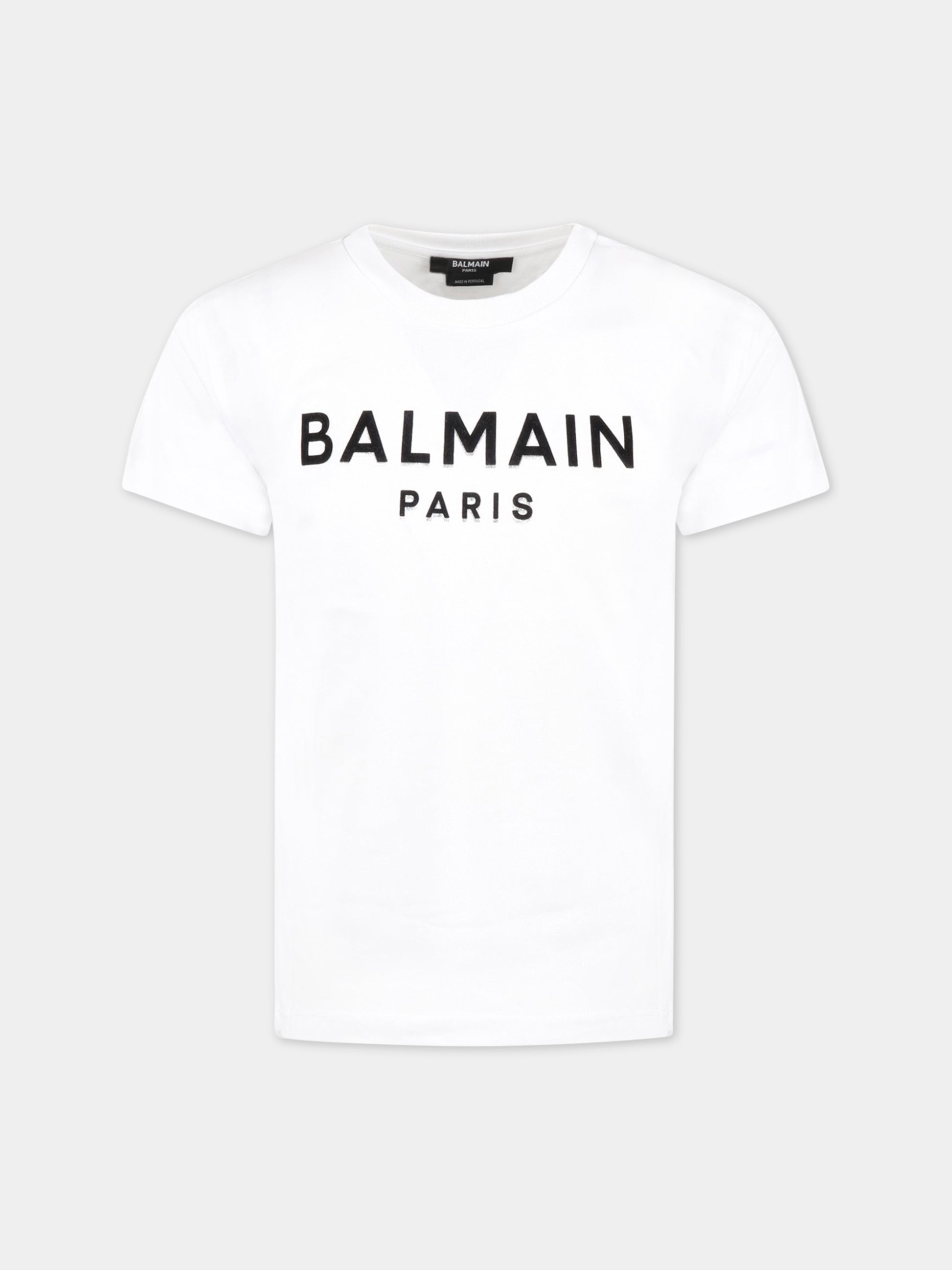 T-shirt bianca per bambini con logo nero in velluto,Balmain Kids,BS8P31 Z0082 100NE