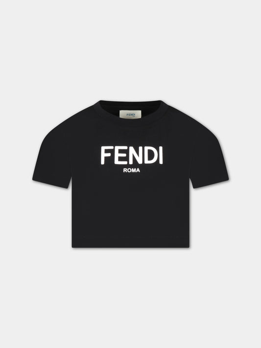 T-shirt nera corta per bambina con logo bianco FF,Fendi Kids,JFI276 7AJ F0GME