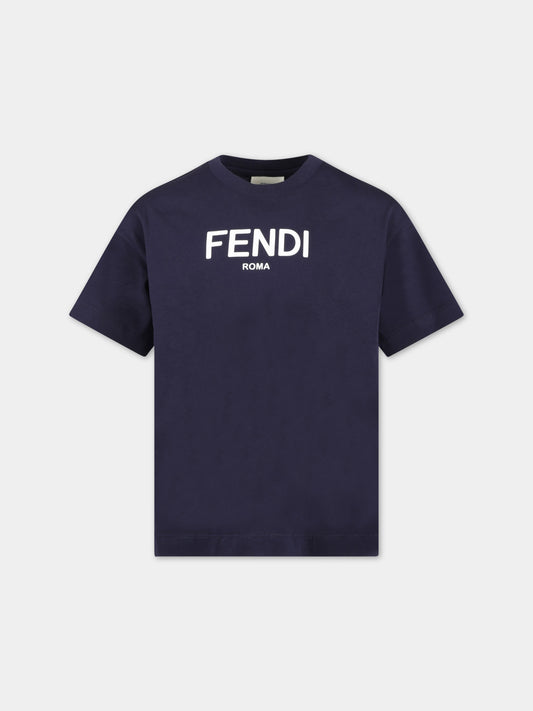 T-shirt blu per bambini con logo bianco,Fendi Kids,JUI137 7AJ F0QB0