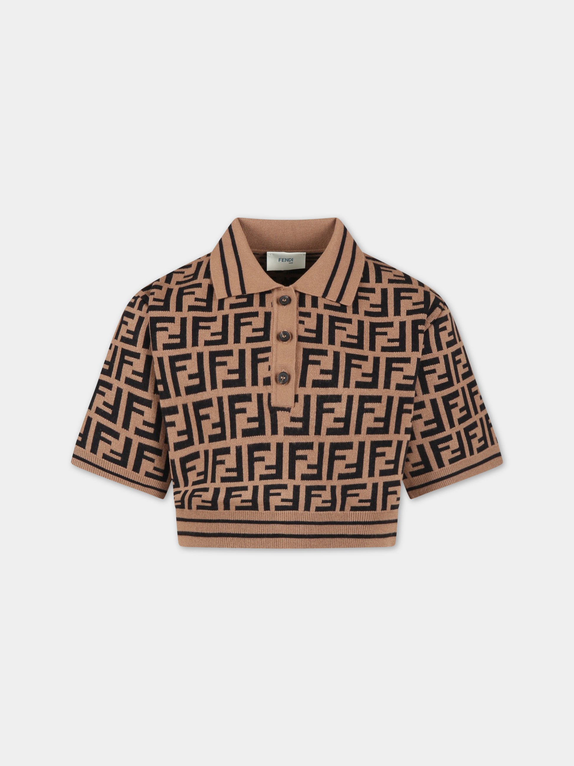 Maglione marrone per bambina con FF nere,Fendi Kids,JFG113 AEYD F15B6