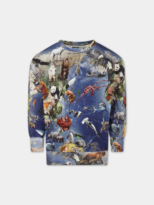 Felpa blu per bambino con animali all-over, scritta e logo,Molo,6S23J203 6766