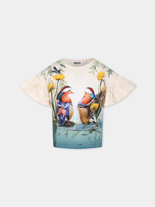 T-shirt avorio per bambina con uccelli e patch logato,Molo,2S23A214 7974