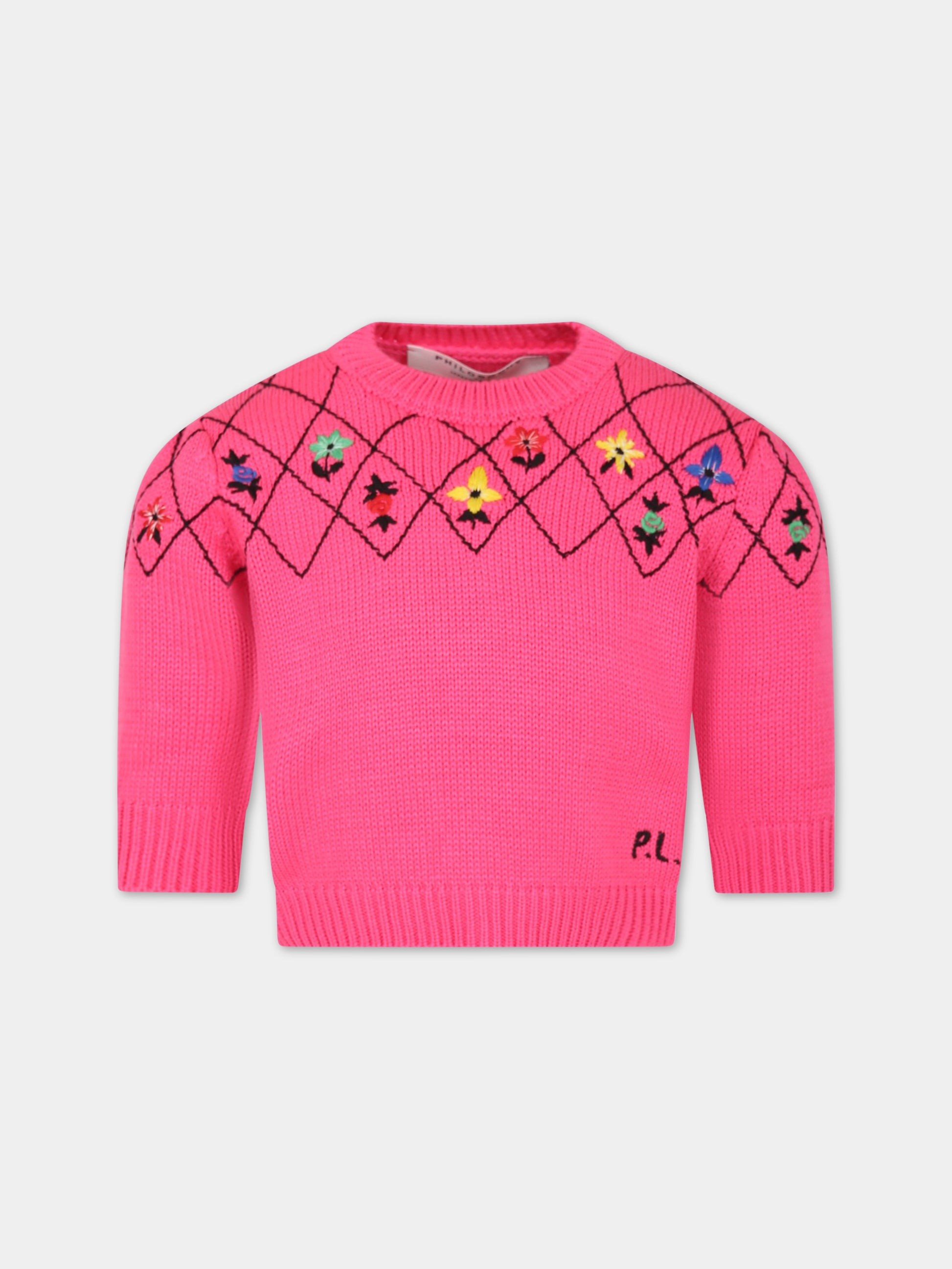 Maglione fucsia per bambina con fiori ricamati,Philosophy,PJMA76C FL209 C006