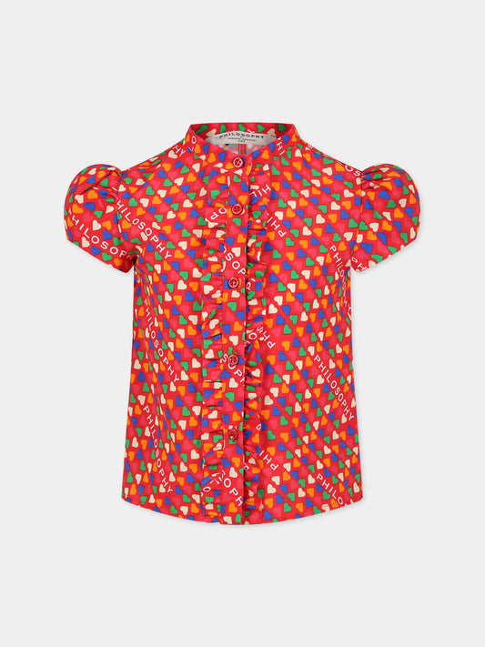 Camicia rossa per bambina con cuori e logo,Philosophy,PJCA136 GA111 3002