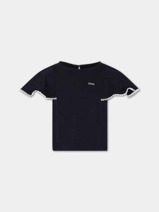 T-shirt blu per bambina con logo bianco,Chloé Kids,C15E08 859