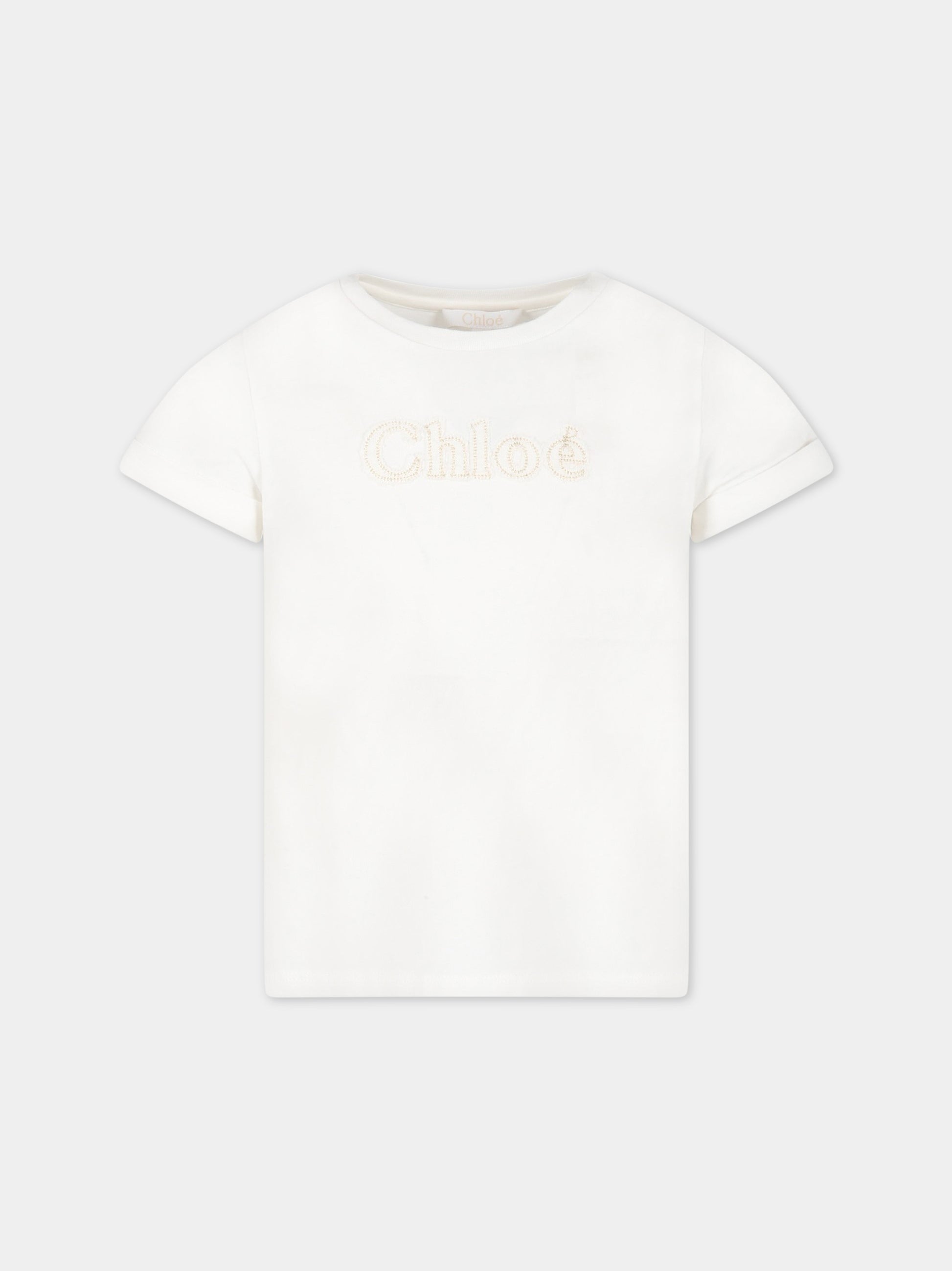 T-shirt bianca per bambina con logo avorio,Chloé Kids,C15E03 117