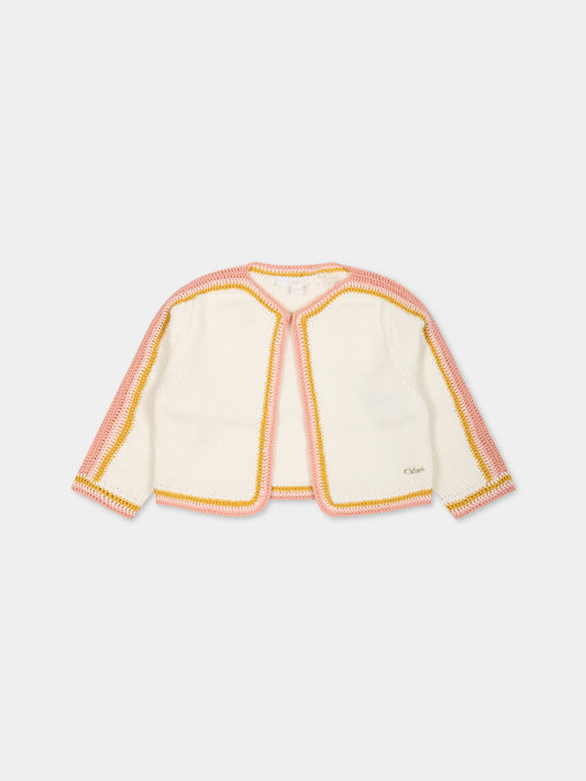 Cardigan bianco per bambina con dettagli multicolor e logo,Chloé Kids,C05430 117