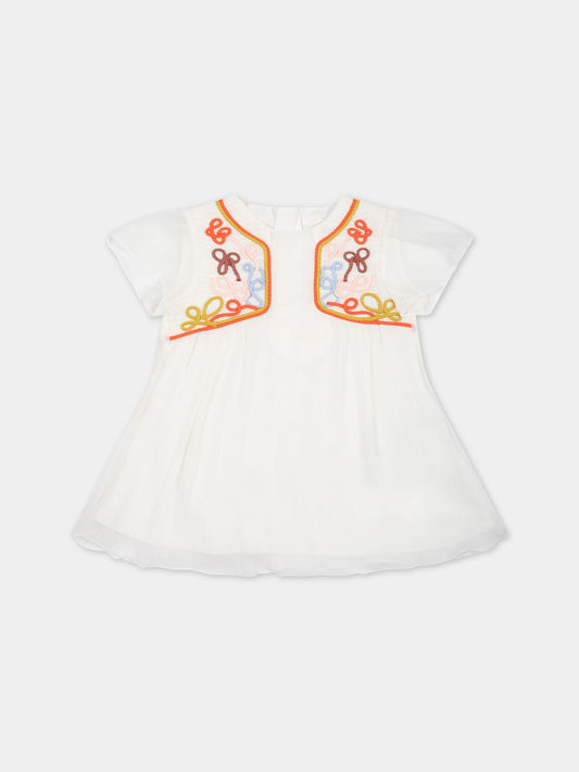 Vestito bianco per neonata con ricami,Chloé Kids,C02344 117
