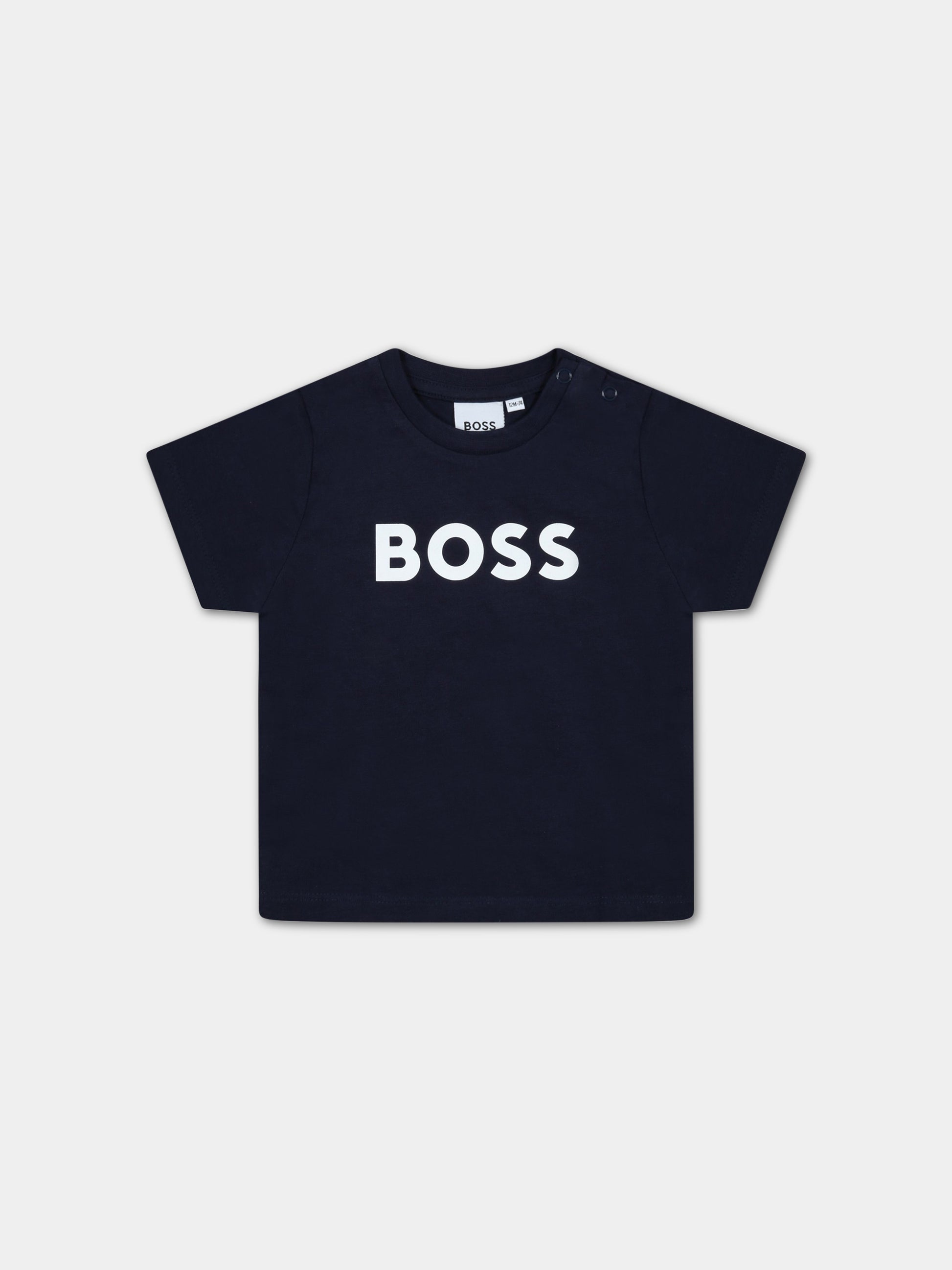 T-shirt blu per neonato con logo bianco,Boss,J05P12 849