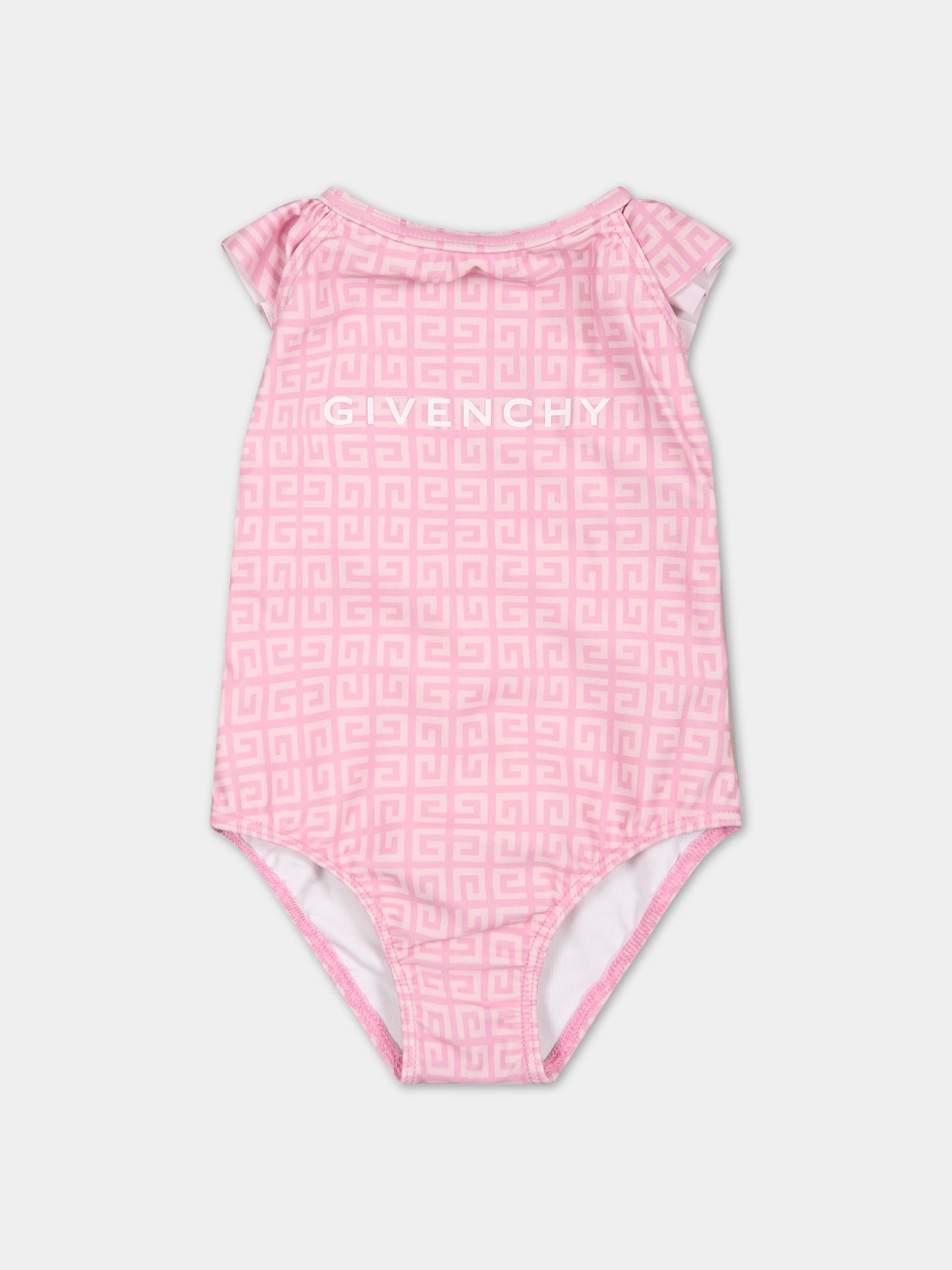 Costume rosa intero per neonata con iconico monogramma all-over,Givenchy Kids,H00063 Z40