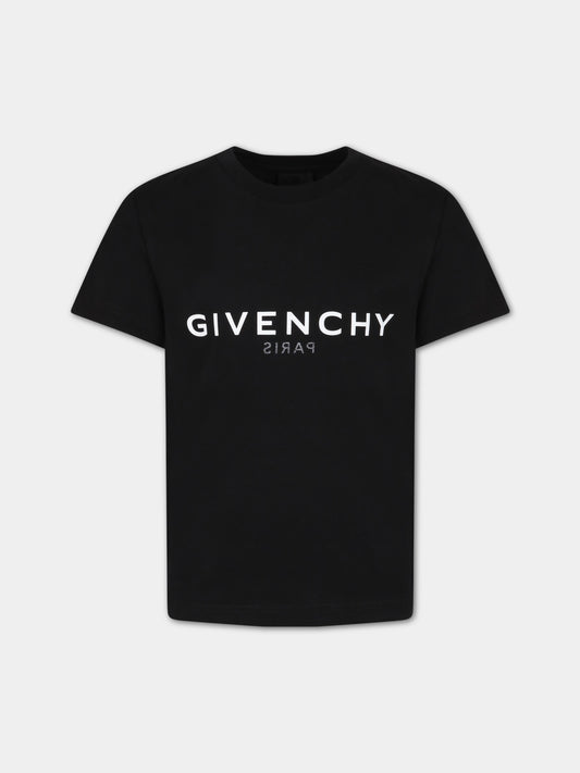 T-shirt nera per bambino con logo bianco,Givenchy Kids,H25404 09B