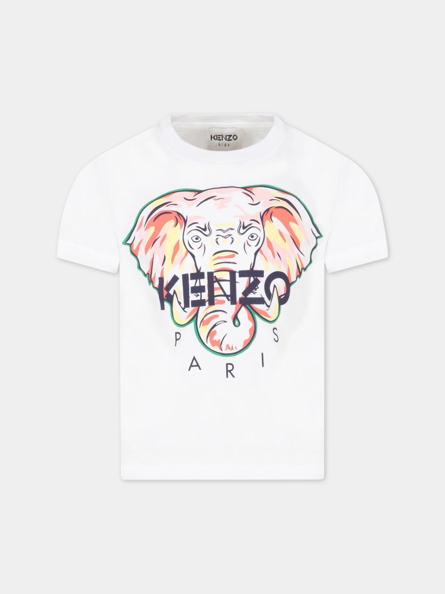 T-shirt bianca per bambina con elefante e logo,Kenzo Kids,K15619 10P