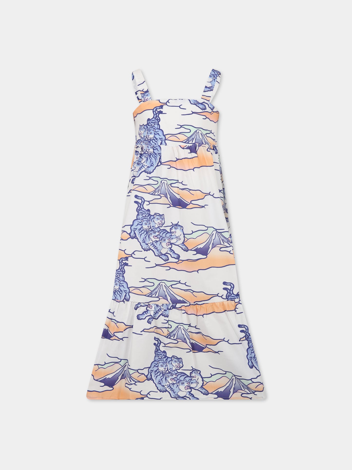 Vestito bianco per bambinaa con stampa multicolor, tigri e logo,Kenzo Kids,K12298 10P