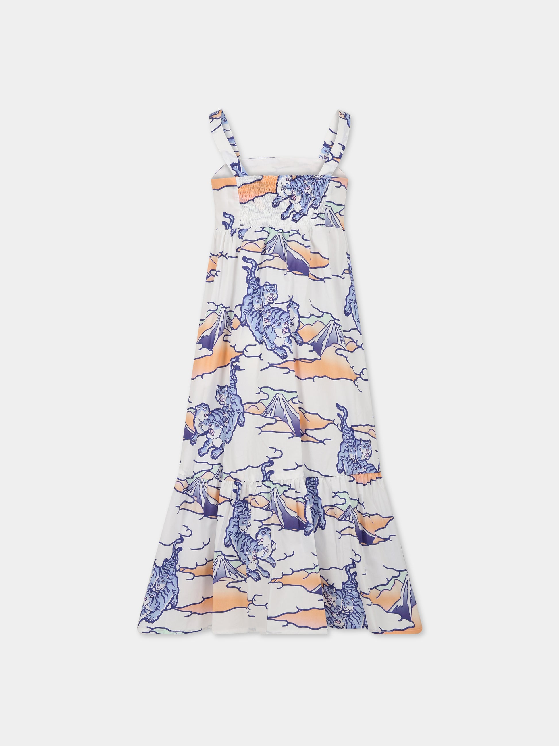 Vestito bianco per bambinaa con stampa multicolor, tigri e logo,Kenzo Kids,K12298 10P