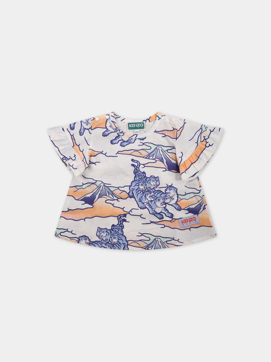 T-shirt bianca per neonata con tigre e logo,Kenzo Kids,K05478 10P