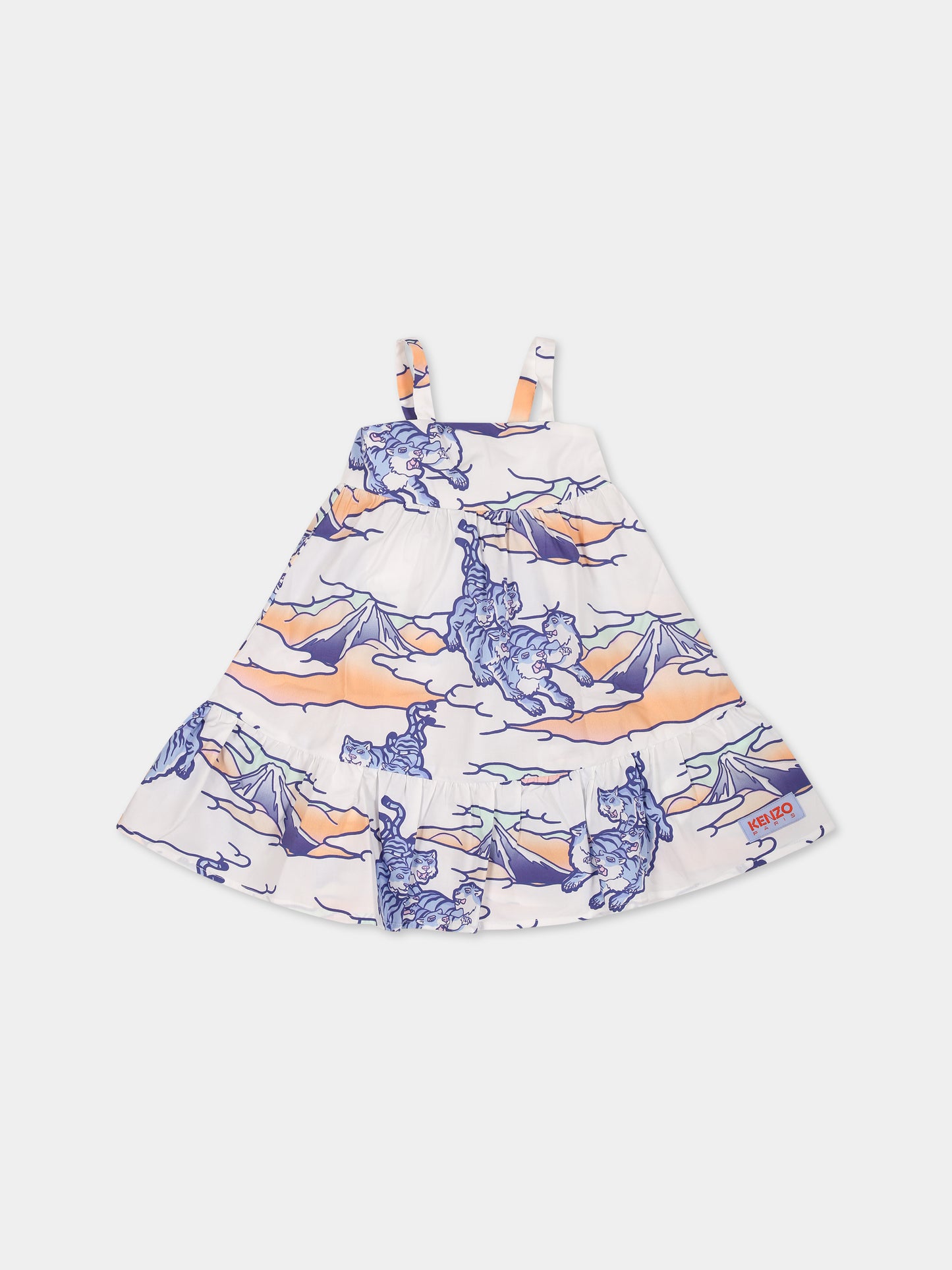 Vestito bianco per neonata con stampa multicolor, tigri e logo,Kenzo Kids,K04221 10P