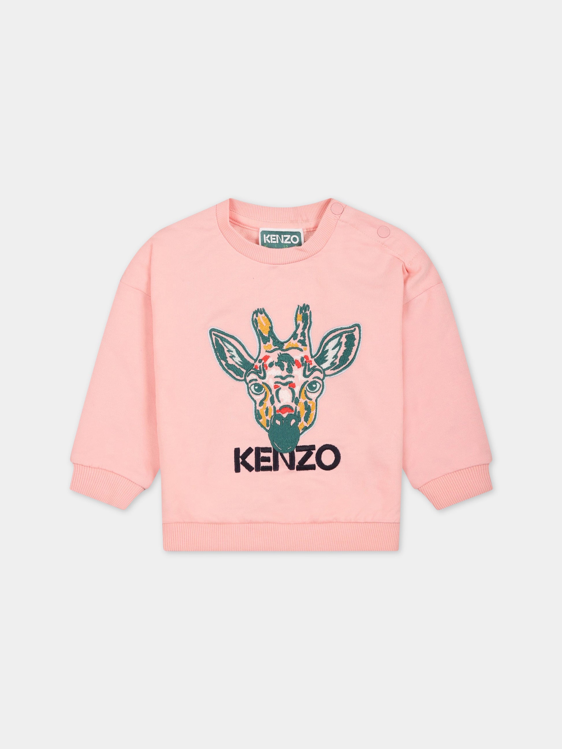 Felpa rosa per neonata con giraffa e logo,Kenzo Kids,K05483 46G