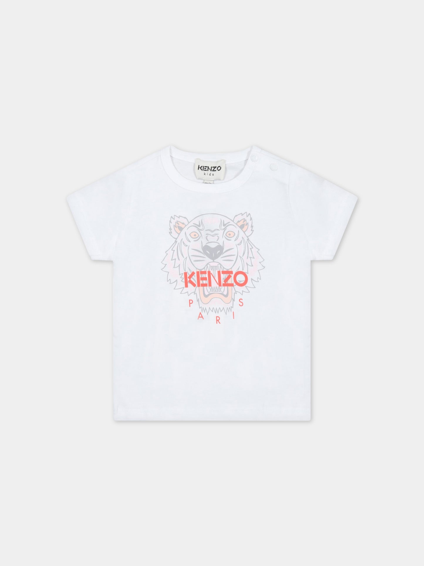 T-shirt bianca per neonata con tigre iconica e logo,Kenzo Kids,K05451 10B