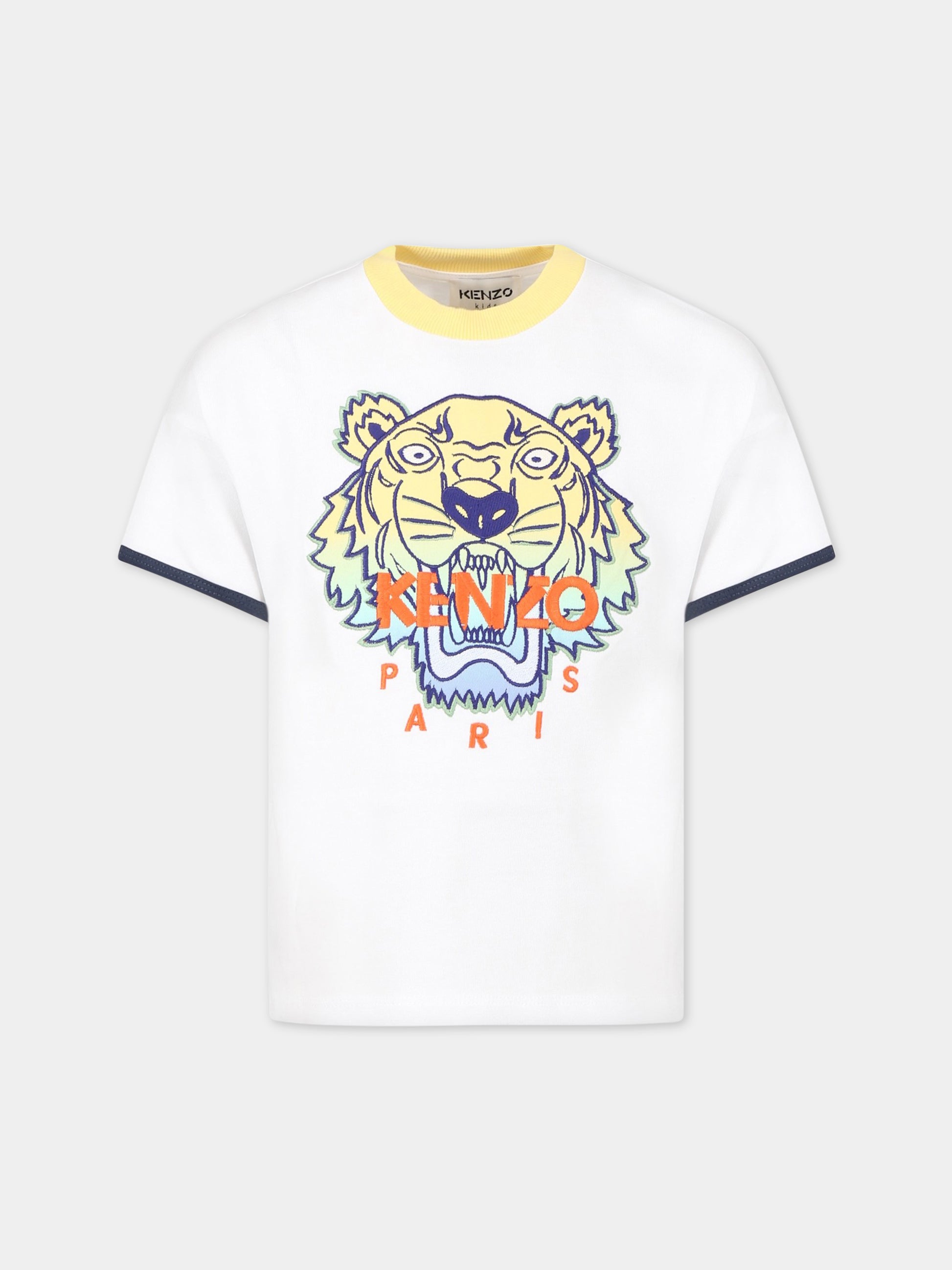 T-shirt bianca per bambino con iconica tigre  e logo,Kenzo Kids,K25804 10P