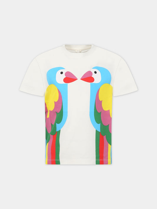T-shirt bianco per bambina con stampa pappagalli,Stella Mccartney Kids,TS8B41 Z0434 101