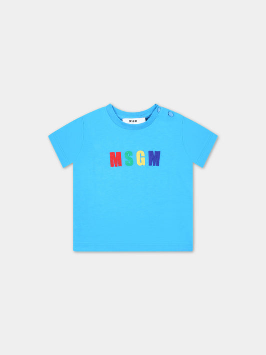 T-shirt azzurra per neonato con logo multicolor,Msgm Kids,MS029357 120