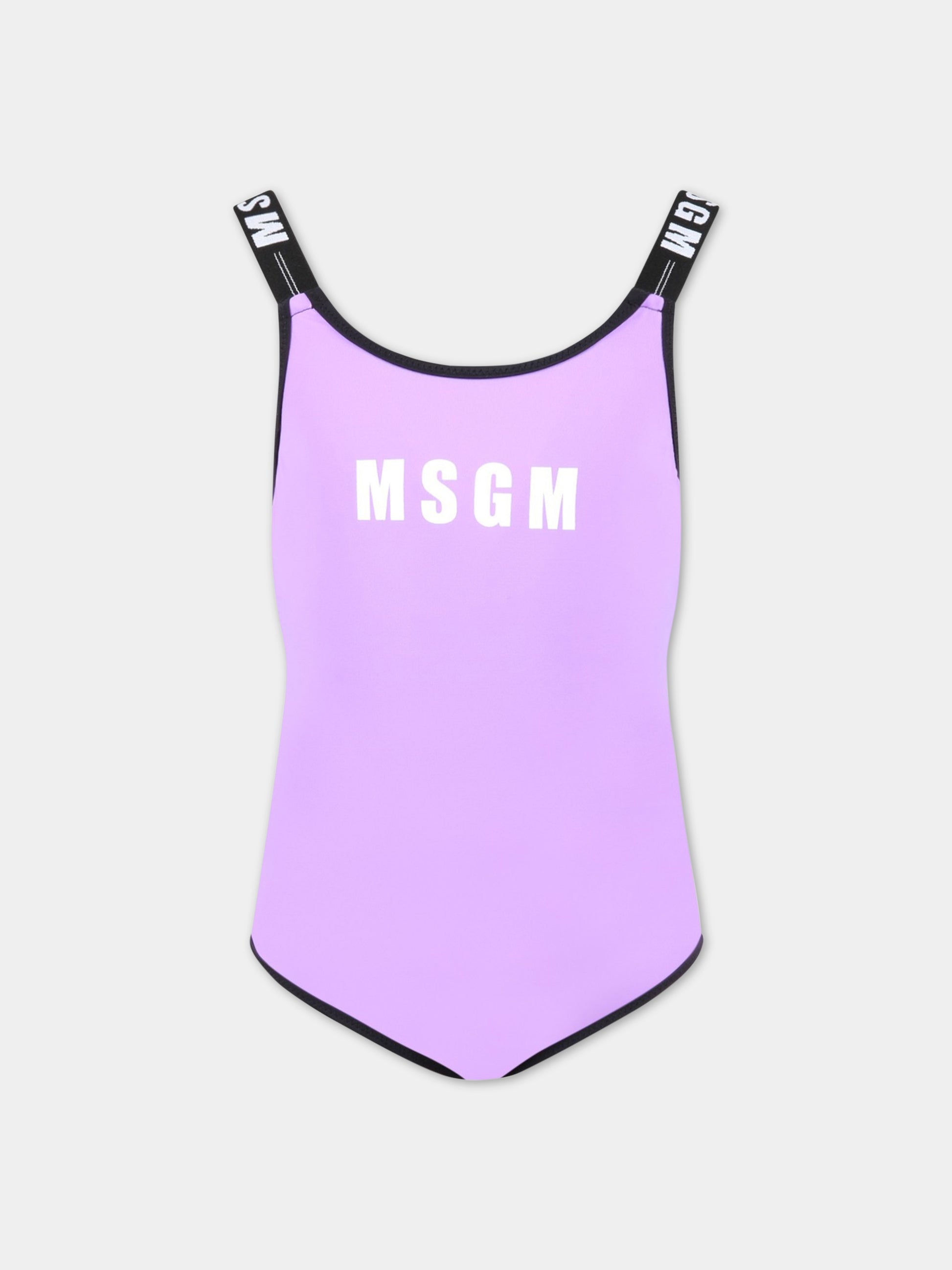 Costume viola da bagno per bambina con logo bianco,Msgm Kids,MS029343 071