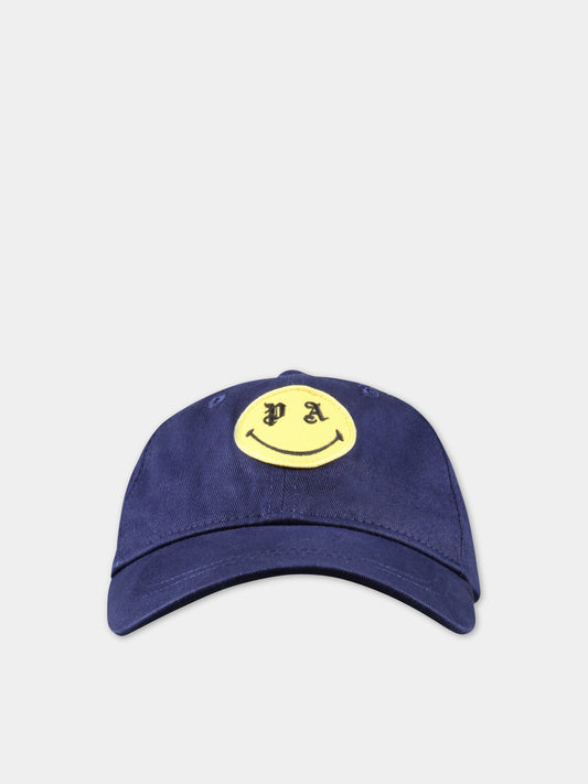 Cappello blu per bambino con patch Smiley,Palm Angels,PBLB002S23FAB0034615