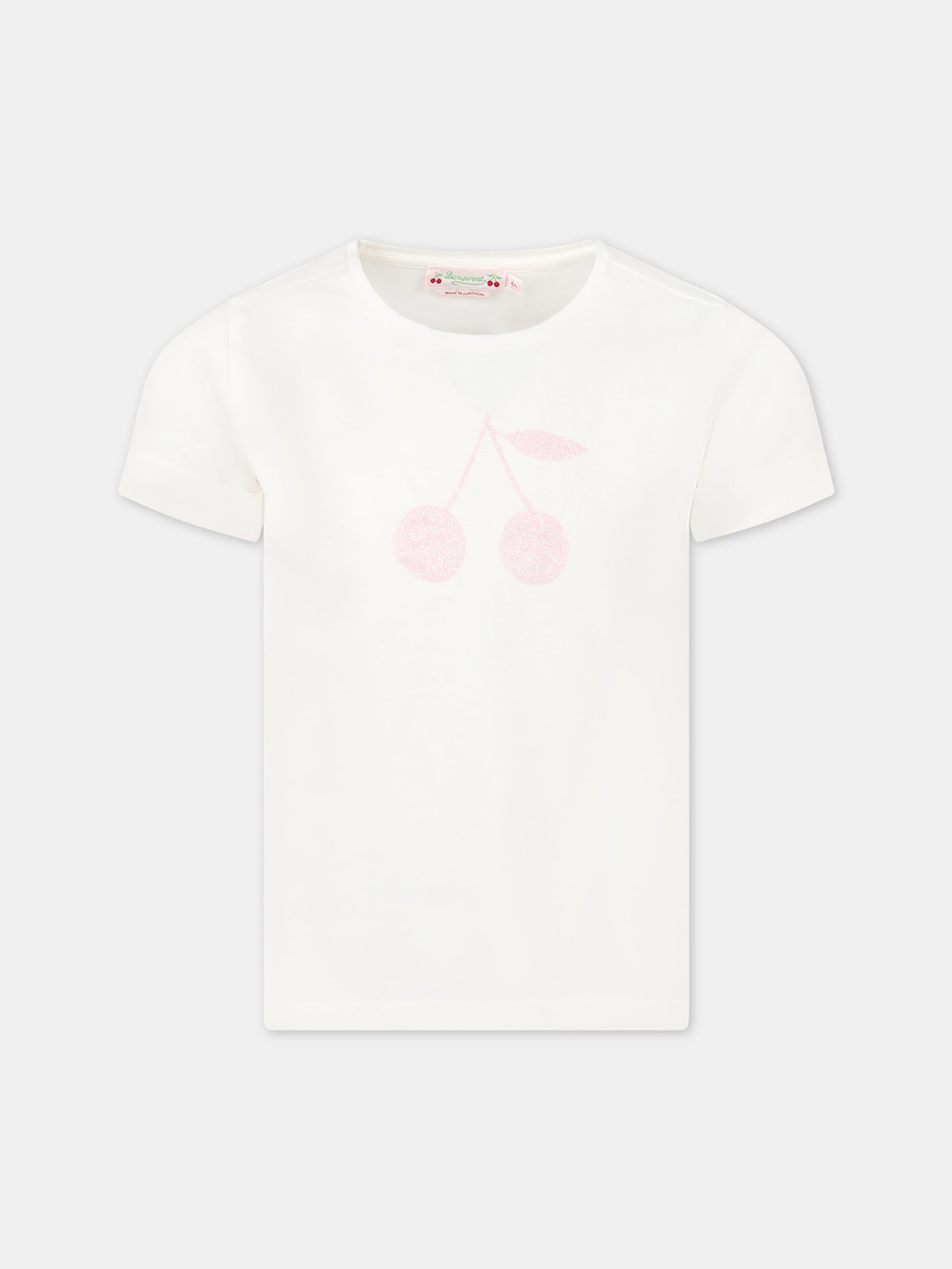 T-shirt bianca per bambina con ciliegie,Bonpoint,S03GTSK00105 102