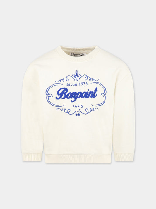 Felpa avorio per bambini con logo blu ricamato,Bonpoint,S03BSWK00002 103