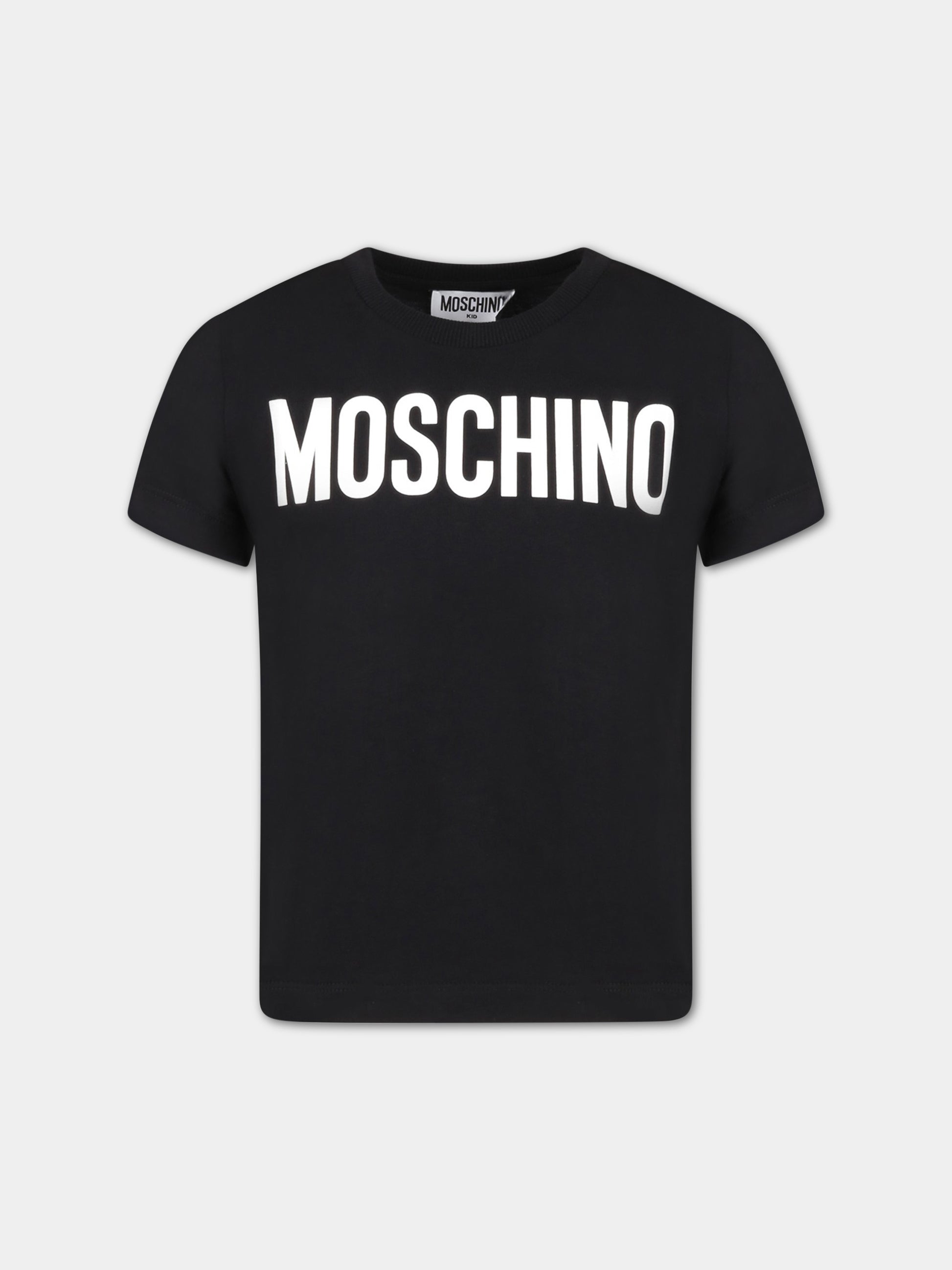 T-shirt nera per bambino con logo bianco,Moschino Kids,HWM03L LAA02 60100